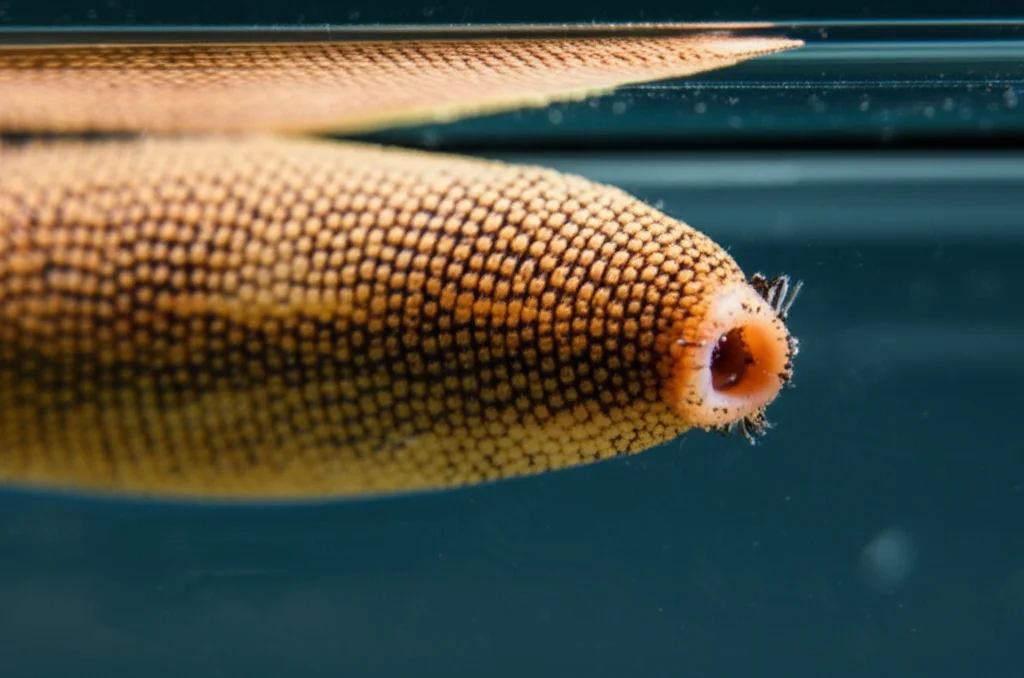 Una sanguisuga medicinale (Hirudo verbana) in un ambiente acquatico controllato, con un focus sulla sua bocca da cui si potrebbe estrarre la saliva. Dettaglio elevato, obiettivo macro 105mm, illuminazione da studio.