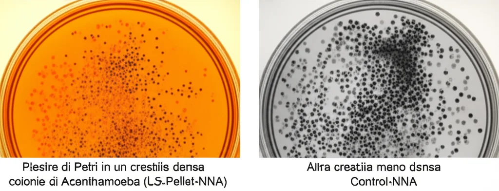 Piastre di Petri in un laboratorio di microbiologia, una mostra una crescita densa di colonie di Acanthamoeba (LS-Pellet-NNA) e un'altra una crescita meno densa (Control-NNA). Illuminazione da laboratorio, obiettivo macro 60mm, focus selettivo sulla piastra con crescita densa.