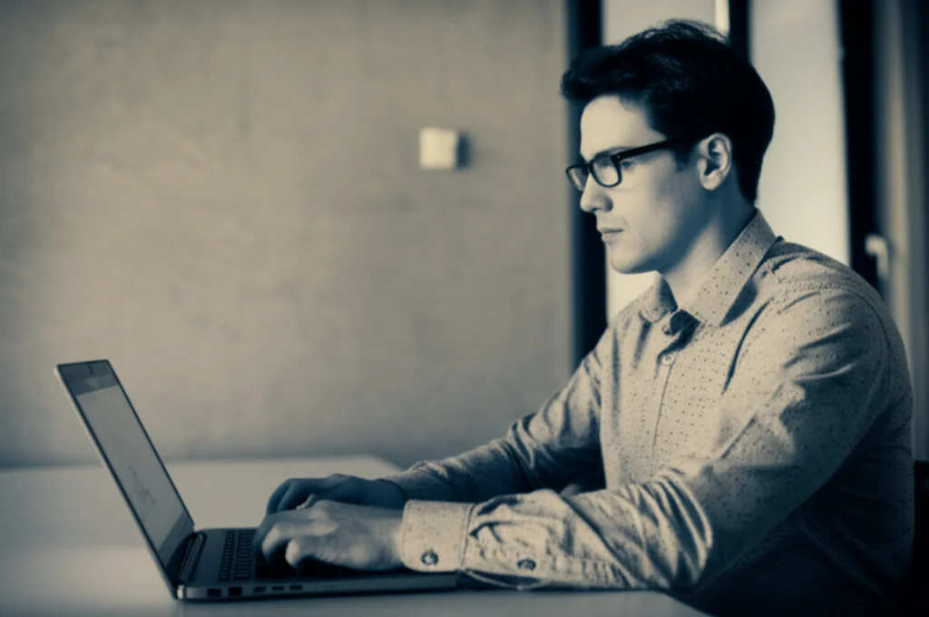 Portrait photography di uno studente universitario, attento e concentrato, mentre interagisce con un chatbot su un laptop in una stanza silenziosa e accogliente. Obiettivo da 35mm, profondità di campo per sfocare leggermente lo sfondo, illuminazione naturale laterale. Duotone seppia e blu per un'atmosfera riflessiva.