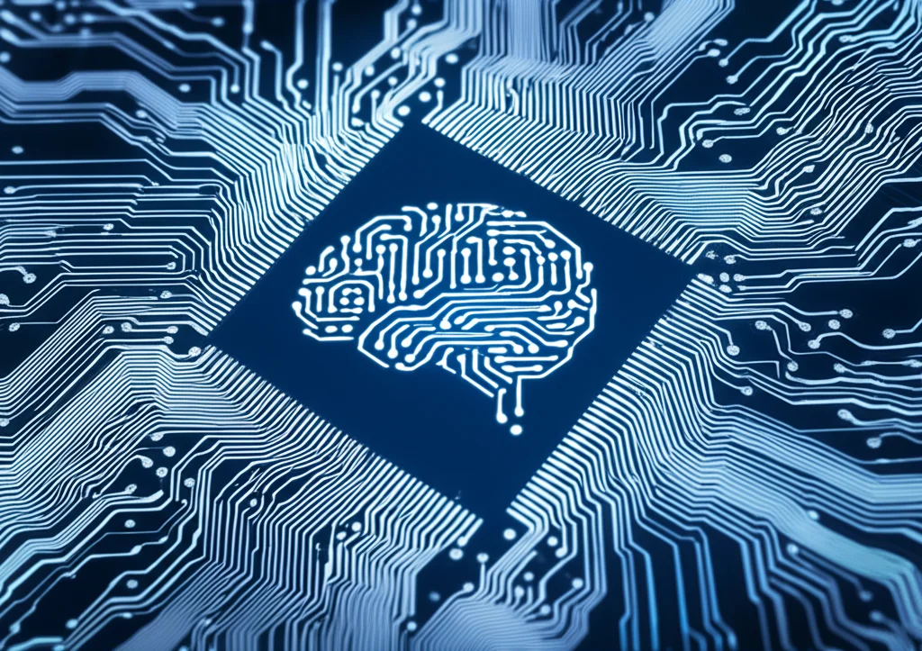 Macro fotografia di un circuito stampato con percorsi luminosi che convergono verso un chip centrale a forma di cervello stilizzato, simboleggiando l'intelligenza artificiale e la riflessione. Obiettivo macro da 100mm, alta definizione, illuminazione controllata per evidenziare i dettagli metallici e i percorsi luminosi. Colori freddi come blu e ciano con accenti brillanti.