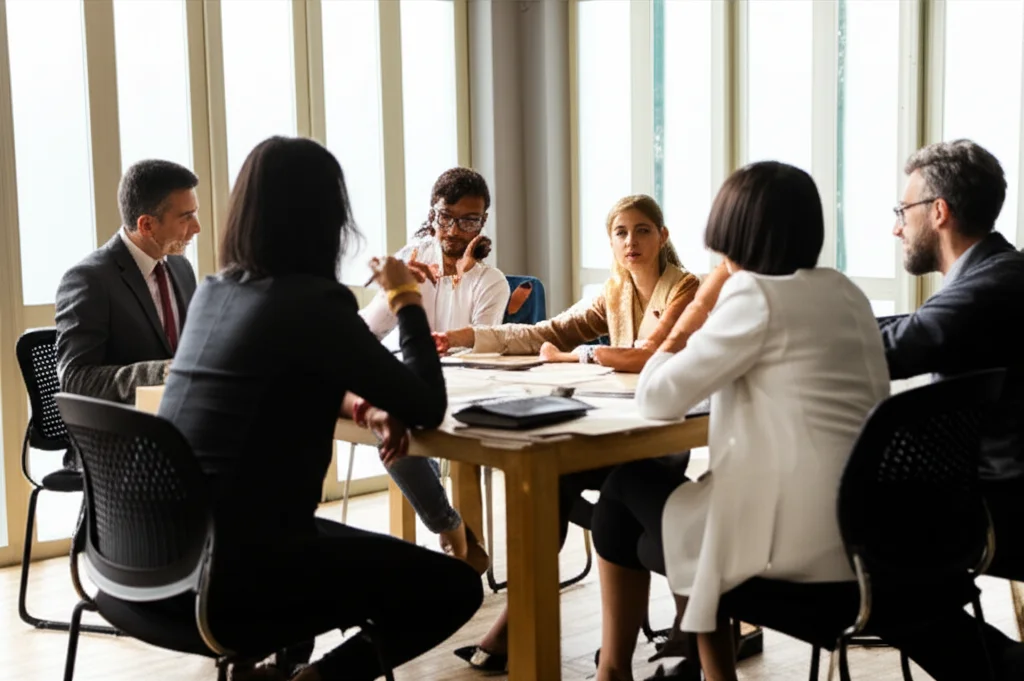 Un gruppo eterogeneo di persone di diversa età ed etnia (Nere e Latine), sedute attorno a un tavolo in una sala riunioni informale ma professionale, impegnate in una discussione animata e costruttiva. Alcuni prendono appunti, altri gesticolano. Luce naturale da una finestra. Obiettivo prime da 35mm, profondità di campo che sfoca leggermente lo sfondo. Colori caldi e accoglienti.