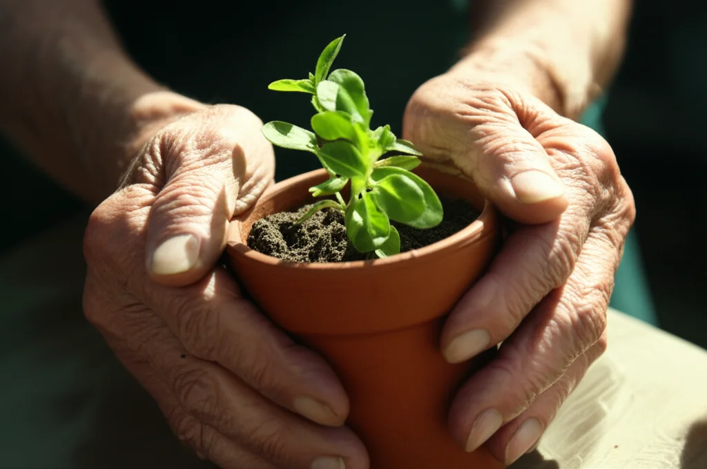 Un primo piano di mani anziane che curano con delicatezza una giovane piantina in un vaso, simbolo di cura, crescita e speranza. Obiettivo macro 60-105mm per dettagli elevati, messa a fuoco precisa sulle mani e sulla pianta, illuminazione controllata e soffusa per un'atmosfera intima.