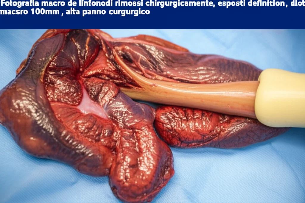 Fotografia macro di linfonodi rimossi chirurgicamente, esposti su un panno chirurgico blu, illuminazione da laboratorio precisa, alta definizione per mostrare la texture, obiettivo macro 100mm.