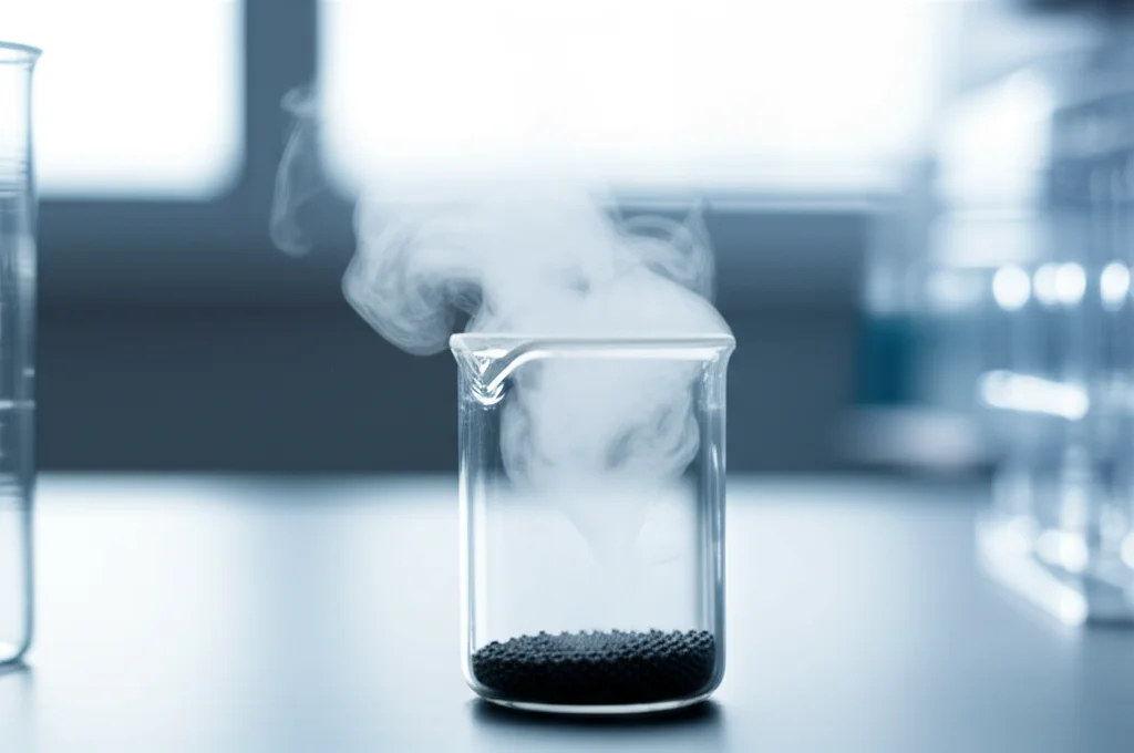 Fotografia macro, 100mm, alta definizione, illuminazione controllata, di nanoparticelle di NiMnFeO4 di colore scuro che vengono sintetizzate in un becher di vetro trasparente in un laboratorio scientifico, con un leggero effetto di fumo o vapore che indica una reazione di auto-combustione, su uno sfondo pulito e moderno.