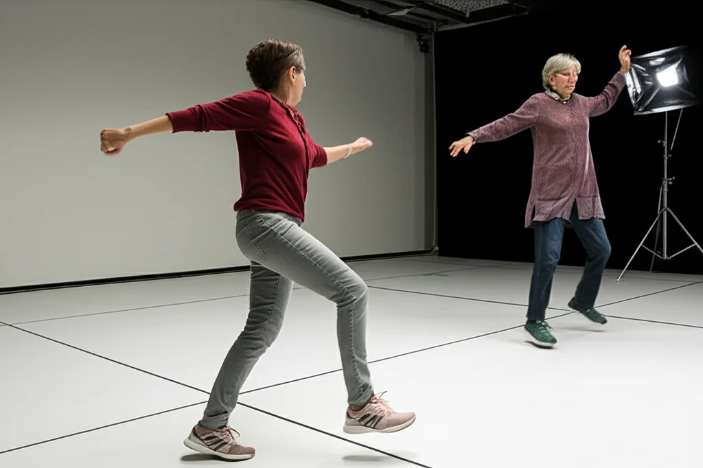 Una persona anziana e una giovane che reagiscono a una scivolata su una superficie liscia in un laboratorio di biomeccanica. L'immagine, in stile reportage sportivo con teleobiettivo zoom 100-400mm e fast shutter speed, cattura il momento della perdita di equilibrio, evidenziando il movimento delle braccia. Illuminazione controllata da laboratorio.