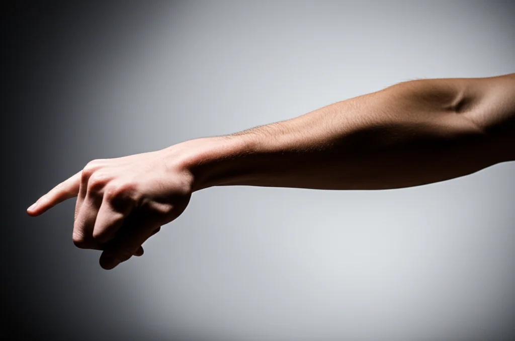 Primo piano macro, 80mm, del braccio di una persona che si muove rapidamente per mantenere l'equilibrio durante una simulazione di scivolata. L'immagine evidenzia la tensione muscolare e la velocità del movimento, con illuminazione da studio che crea ombre definite per accentuare la dinamica. Sfondo sfocato per concentrarsi sul braccio.