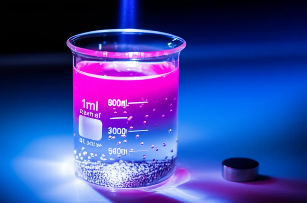 Fotografia still life, macro lens, 80mm, illuminazione controllata e precisa, che mostra un becher contenente acqua colorata (ad esempio, rosa per l'eosina) che sta venendo decontaminata. Una parte del liquido è ancora colorata, mentre una parte sta diventando trasparente, con nanoparticelle visibili (stilizzate) che agiscono sotto un fascio di luce visibile. Accanto, un piccolo magnete che attira le nanoparticelle dal liquido ormai pulito.