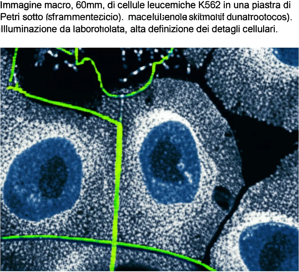 Immagine macro, 60mm, di cellule leucemiche K562 in una piastra di Petri sotto un microscopio, con alcune cellule che mostrano segni di apoptosi (frammentazione). Illuminazione da laboratorio controllata, alta definizione dei dettagli cellulari, con una rappresentazione grafica della proteina STAT3 inibita da Stattic in sovrimpressione. Duotone blu e grigio.