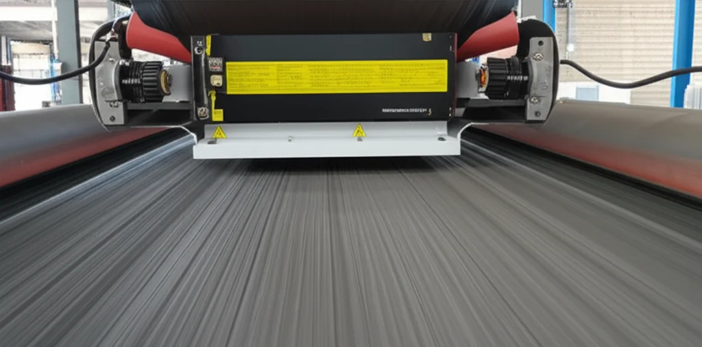 Immagine macro, obiettivo 90mm, di un analizzatore inline PFTNA installato su un nastro trasportatore che movimenta materie prime per cemento. Dettaglio elevato del sensore e del flusso di materiale. Illuminazione precisa per evidenziare la tecnologia avanzata in un contesto industriale.