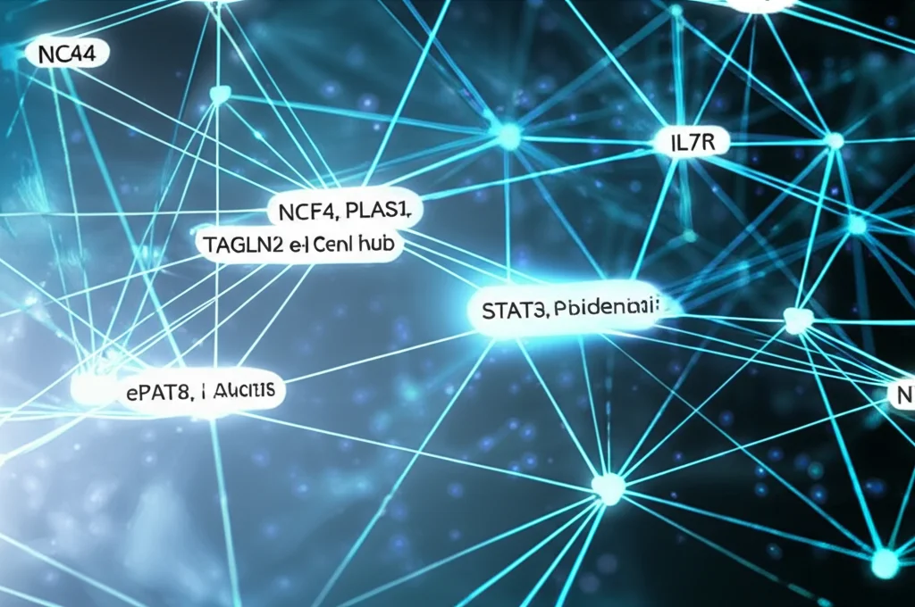 Illustrazione concettuale di una rete complessa di geni (nodi luminosi) e interazioni (linee di collegamento), con i geni hub NCF4, PLAS1, IL7R, TAGLN2 e STAT3 evidenziati. Sfondo digitale astratto, teleobiettivo zoom 150mm, con effetto profondità di campo che sfoca i nodi più distanti.