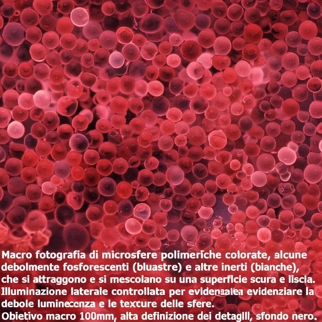 Macro fotografia di microsfere polimeriche colorate, alcune debolmente fosforescenti (bluastre) e altre inerti (bianche), che si attraggono e si mescolano su una superficie scura e liscia. Illuminazione laterale controllata per evidenziare la debole luminescenza e le texture delle sfere. Obiettivo macro 100mm, alta definizione dei dettagli, sfondo nero.