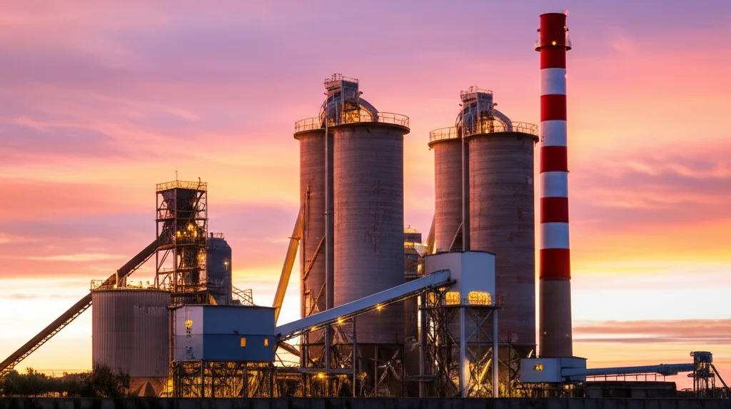 Panoramica di un impianto di cemento al tramonto, wide-angle 20mm, con focus sulle ciminiere e sui silos illuminati. Lunga esposizione per nuvole setose e un'atmosfera di operosità sostenibile. L'immagine deve evocare un futuro industriale eco-compatibile.