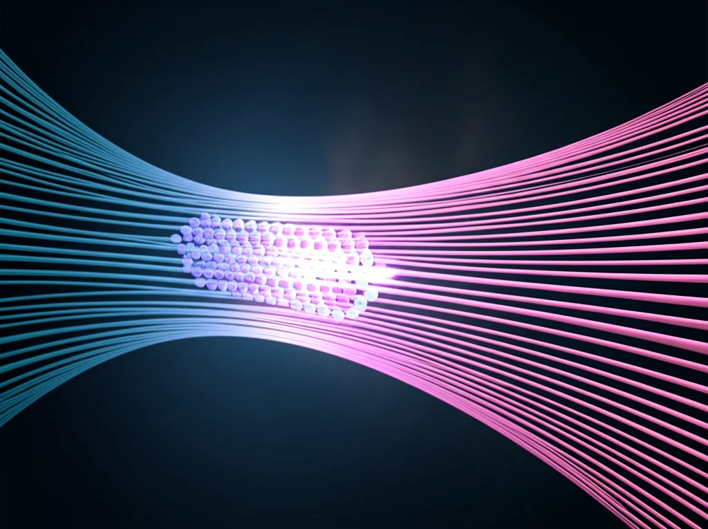 Visualizzazione 3D astratta di un campo elettrico intenso che si forma tra due diverse microsfere polimeriche (una bluastra, l'altra rossastra) a distanza ravvicinata. Linee di forza del campo elettrico che attraversano una molecola ospite stilizzata, facendola brillare intensamente di luce fosforescente. Sfondo scuro high-tech, illuminazione che enfatizza l'energia.