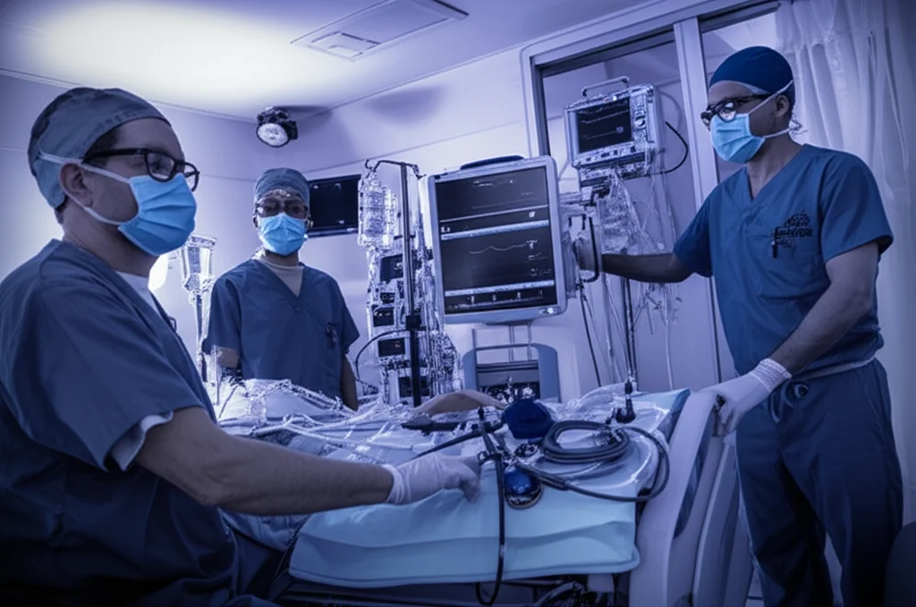 Fotografia di un'equipe medica in una sala di terapia intensiva mobile, illuminata dalla luce bluastra dei monitor. Un medico, con mascherina e occhiali protettivi, si china su un paziente, mentre un altro controlla un dispositivo ECMO portatile. Dettagli nitidi sull'attrezzatura. Obiettivo prime 35mm, stile film noir con duotone blu e grigio, profondità di campo per isolare l'azione centrale.