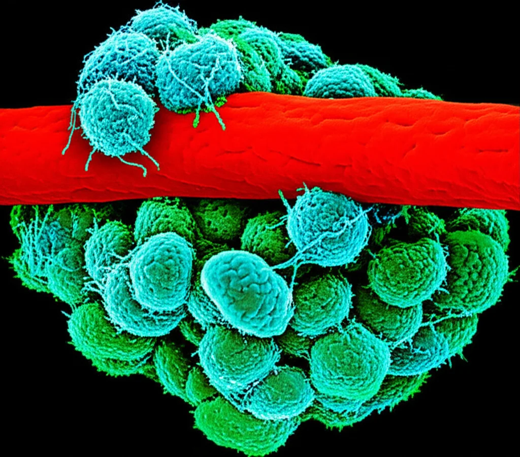 Immagine macro di un ammasso di cellule tumorali (oggetti, still life), con anticorpi fluorescenti (verde) che si concentrano solo sulla periferia vicino a un vaso sanguigno stilizzato (rosso), illustrando la barriera del sito di legame. Obiettivo macro 60mm, alta definizione, illuminazione controllata per evidenziare la distribuzione eterogenea.