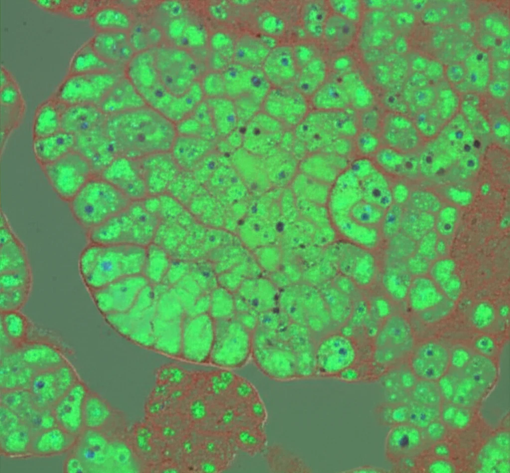 Fotografia di un vetrino istologico di un tumore (oggetto, still life), con anticorpi marcati in fluorescenza (verde brillante) distribuiti più omogeneamente all'interno del tessuto tumorale, lontano dai vasi sanguigni (rosso). Obiettivo macro 100mm, messa a fuoco precisa, illuminazione da microscopia a fluorescenza.