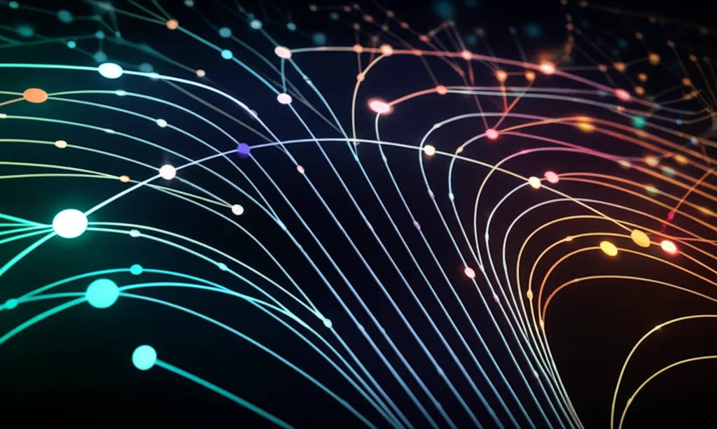 Visualizzazione astratta di dati medici complessi, come un albero decisionale o una rete neurale, con linee luminose che collegano nodi su uno sfondo scuro e tecnologico. Colori vibranti che rappresentano diversi parametri. Obiettivo macro 100mm, alta definizione, illuminazione controllata per enfatizzare la complessità e l'interconnessione dei dati.