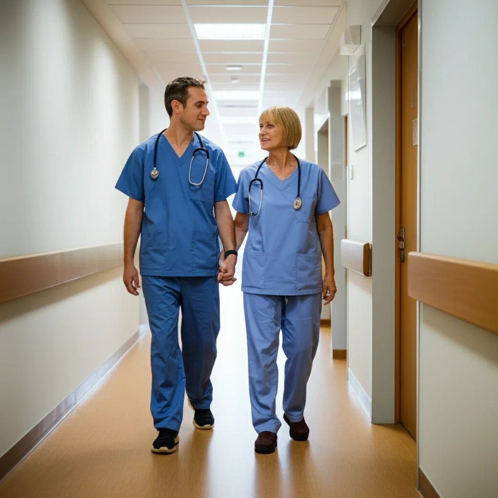 Un paziente in fase di riabilitazione, che cammina lentamente con l'aiuto di un fisioterapista in un corridoio luminoso di ospedale. La scena trasmette speranza e recupero. Obiettivo zoom 50mm, luce naturale diffusa, colori caldi e rassicuranti, leggero motion blur per indicare il movimento.
