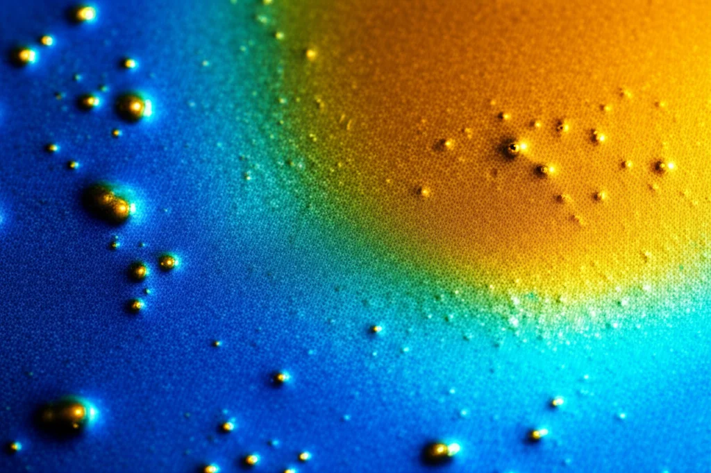 Macro fotografia di una soluzione di litio in ammoniaca liquida che mostra una transizione di colore da blu intenso a bronzo dorato, illuminazione da studio controllata, alta definizione, lente macro 100mm, focus preciso sulla superficie liquida cangiante.