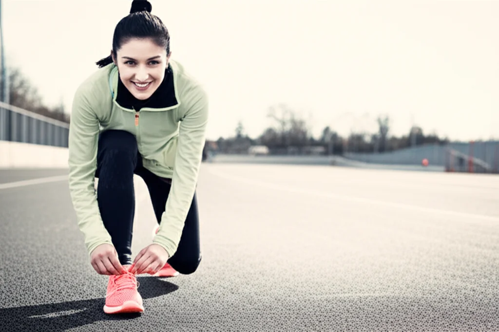 Primo piano di una studentessa universitaria sorridente e motivata che si allaccia le scarpe da corsa, pronta per un'attività fisica, con un'aura di determinazione. Obiettivo primario 35mm, profondità di campo, luce calda e stimolante, leggero effetto duotone (ambra e grigio).
