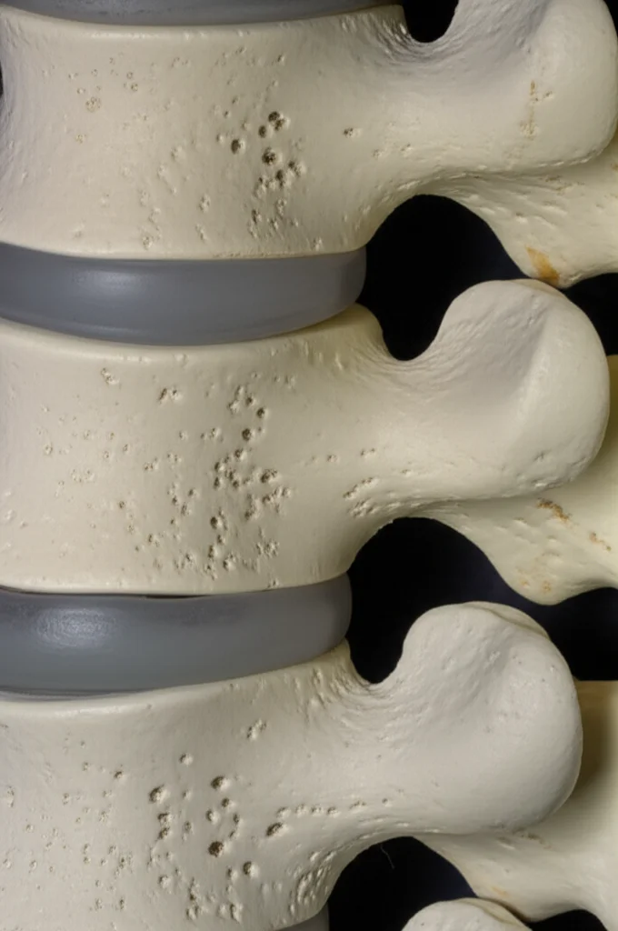 Immagine macro di una sezione di colonna vertebrale lombare che mostra le faccette articolari, con illuminazione controllata per evidenziare i dettagli anatomici, focale 90mm, alta definizione.