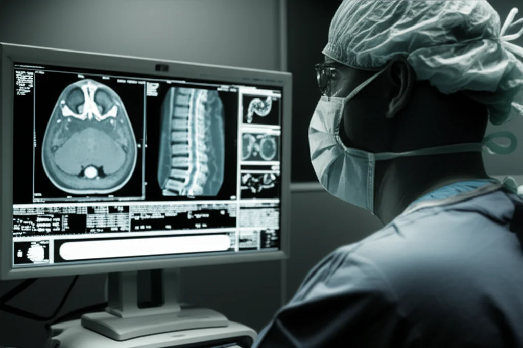 Ritratto di un chirurgo spinale concentrato mentre esamina una TAC lombare su un monitor ad alta definizione, in una sala operatoria moderna, con un leggero effetto film noir per accentuare la serietà, focale 35mm.