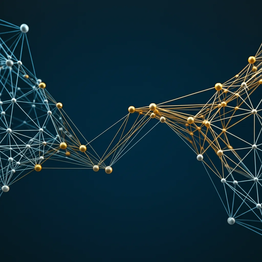 Wide-angle. Un grafico astratto che mostra due reti interconnesse, una con nodi dorati e linee stabili (finanza islamica) e l'altra con nodi argentati e linee più turbolente (finanza convenzionale), che si influenzano a vicenda su uno sfondo digitale blu scuro, lunga esposizione, 10mm.