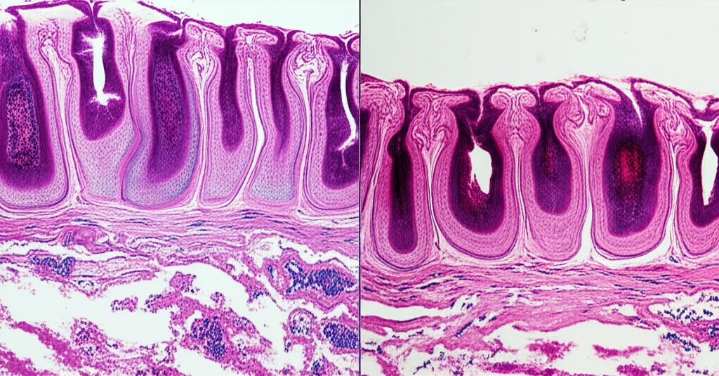 Macro lens, 100mm, high detail, controlled lighting. Una visualizzazione microscopica stilizzata ma realistica della mucosa intestinale danneggiata, con cellule epiteliali disordinate e infiltrazione di cellule infiammatorie, accanto a una sezione sana per confronto. Colori vividi per distinguere le strutture.
