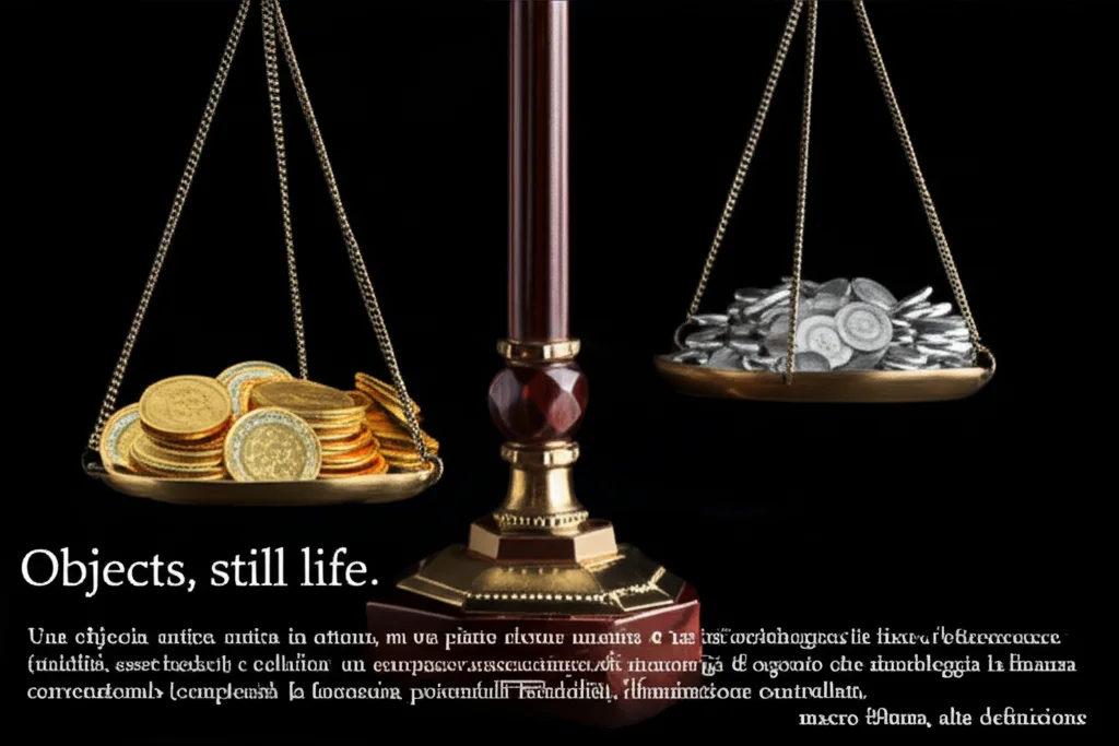 Objects, still life. Una bilancia antica in ottone, su un piatto alcune monete d'oro che simboleggiano la finanza islamica (stabilità, asset-backed) e sull'altro un complesso meccanismo di ingranaggi d'argento che simboleggia la finanza convenzionale (complessità, potenziale instabilità), illuminazione controllata, macro 80mm, alta definizione.