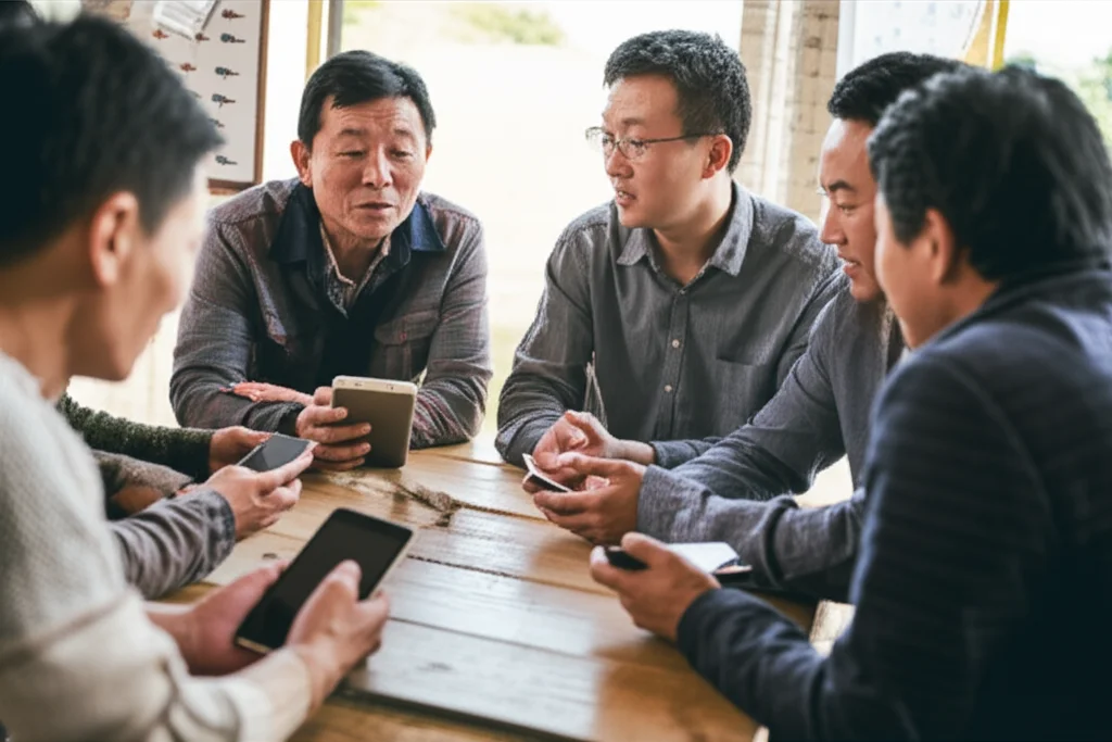 Un gruppo di agricoltori cinesi in un contesto rurale discute animatamente attorno a un tavolo di legno rustico, alcuni con tablet o smartphone in mano, simboleggiando l'accesso all'informazione e il finanziamento informale. Luce naturale soffusa, obiettivo prime da 35mm, profondità di campo per mettere a fuoco il gruppo centrale, atmosfera di collaborazione e speranza.