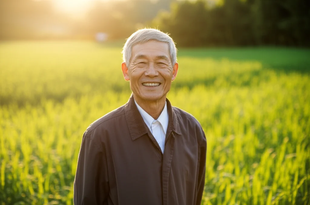 Ritratto di un agricoltore cinese anziano ma energico, con un sorriso fiducioso, in un campo coltivato. Obiettivo da 85mm, luce dorata del tramonto, leggero effetto bokeh sullo sfondo per enfatizzare il soggetto, simboleggiando l'esperienza e la resilienza.