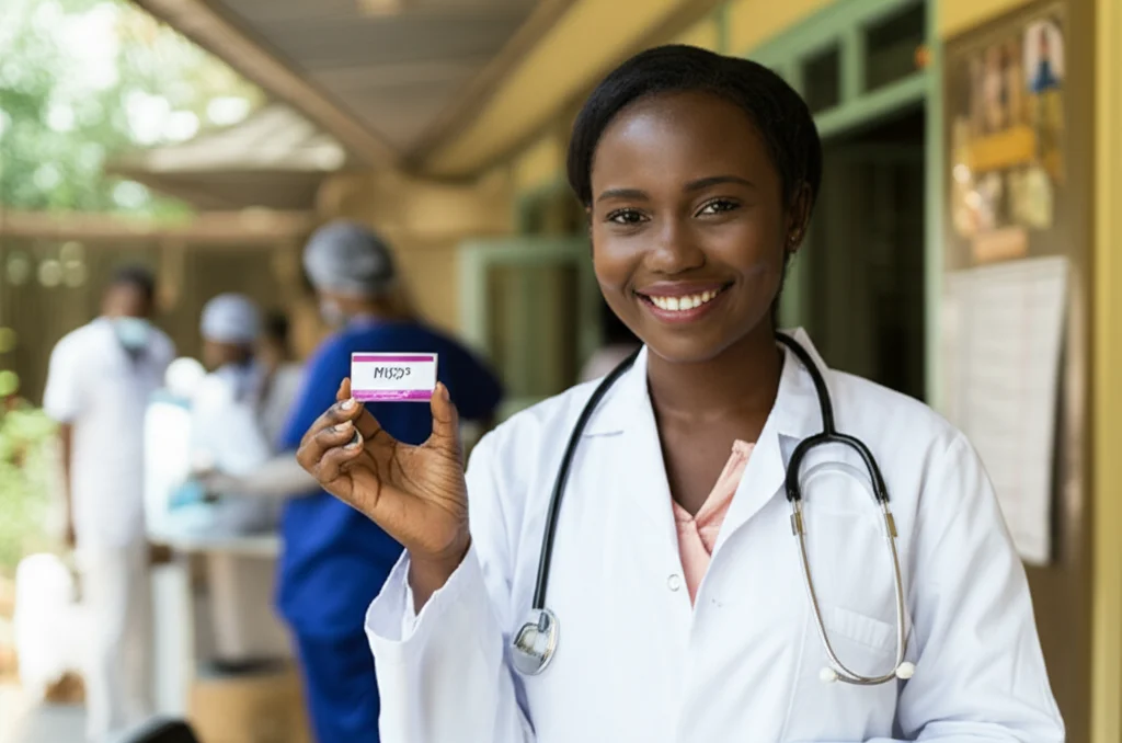 Fotografia ritratto di un'operatrice sanitaria keniota sorridente che tiene in mano una confezione di PrEP, con alle spalle una clinica per cure prenatali luminosa e accogliente. Obiettivo da 35mm, luce naturale, profondità di campo media per mettere a fuoco sia la persona che il contesto, colori caldi e rassicuranti.