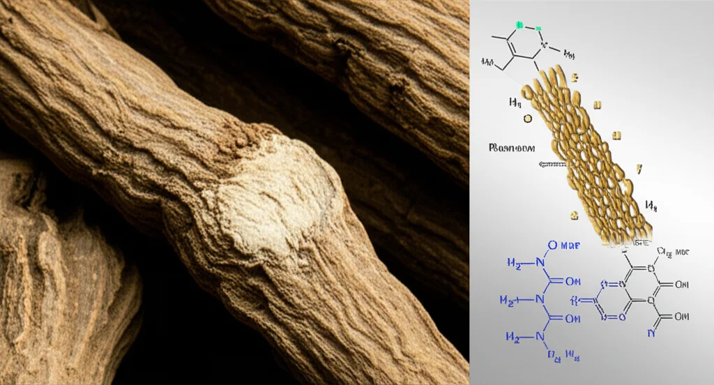 Visualizzazione macro di una radice di liquirizia Glycyrrhiza inflata con dettagli molecolari stilizzati che rappresentano l'acetilazione degli istoni, illuminazione controllata, alta definizione, obiettivo macro 90mm.