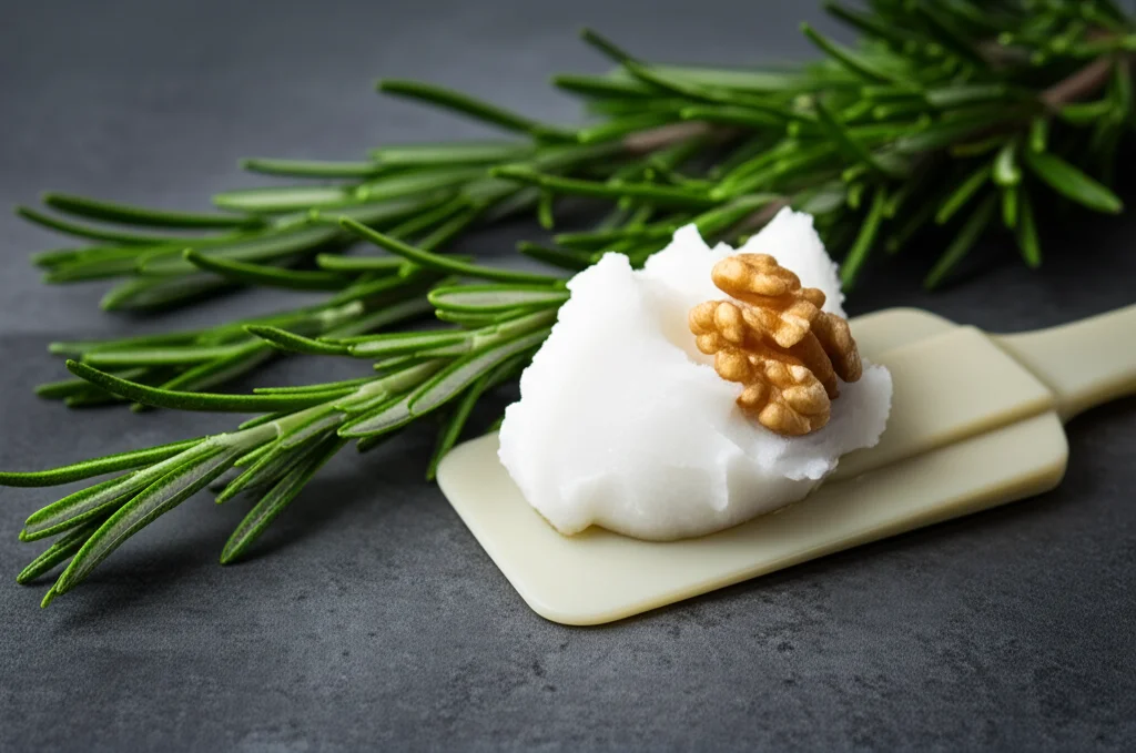 Primo piano dettagliato di rametti di rosmarino fresco appoggiati accanto a una spatola con una noce di margarina dall'aspetto cremoso e invitante, illuminazione laterale morbida, obiettivo macro 100mm, alta risoluzione, messa a fuoco selettiva sulla texture della margarina.