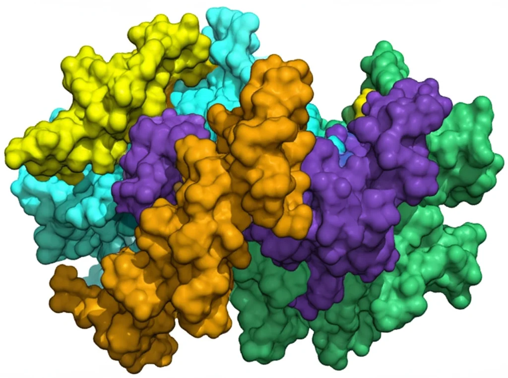 Rappresentazione 3D di una proteina HDAC (GiHDA2b) che interagisce con il DNA e gli istoni avvolti, mostrando il meccanismo di rimozione di un gruppo acetile da una lisina dell'istone, alta risoluzione, illuminazione drammatica per evidenziare l'interazione molecolare, obiettivo macro 105mm, sfondo scuro.