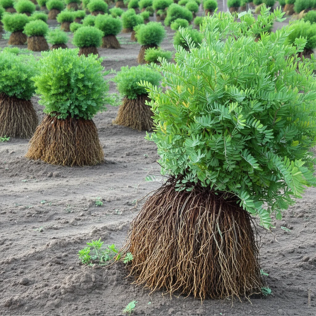 Campo coltivato di piante di liquirizia Glycyrrhiza inflata rigogliose, alcune piante in primo piano con radici parzialmente esposte per mostrare la parte della pianta da cui si estraggono i composti, obiettivo grandangolare 24mm, luce naturale del tardo pomeriggio, profondità di campo che sfuma lo sfondo.