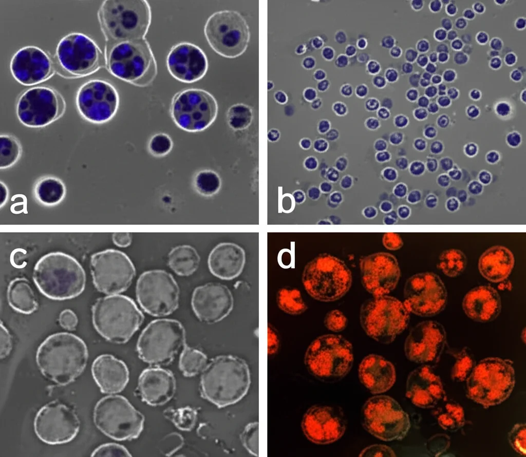 Immagine macro di cellule NALM-6 (leucemia linfoblastica acuta) in una piastra di Petri sotto un microscopio. Luce controllata per evidenziare i dettagli cellulari, messa a fuoco precisa sulle cellule. Obiettivo macro 100mm. Si vedono alcune cellule che mostrano segni di apoptosi, mentre altre appaiono normali. Accanto, una piastra con cellule HDF sane che appaiono vitali.