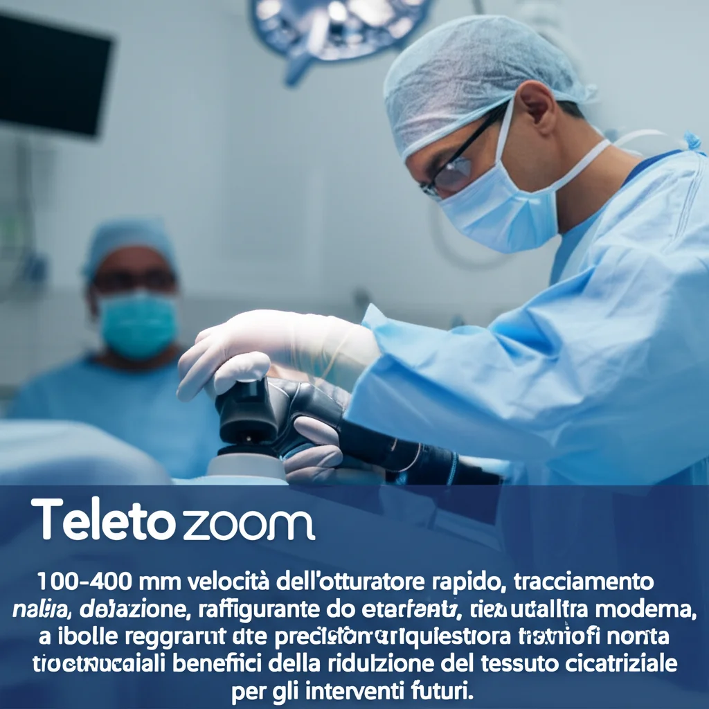 Teleto zoom, 100-400 mm, velocità dell'otturatore rapido, tracciamento dell'azione, raffigurante un neurochirurgo che lavora meticolosamente in una sala operatoria pulita e moderna, che simboleggia la precisione richiesta e i potenziali benefici della riduzione del tessuto cicatriziale per gli interventi futuri.