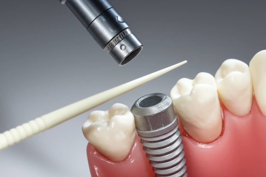 Macro lens, 80mm, a detailed shot of a dental implant model with surrounding gum tissue showing slight redness indicative of early mucositis. Accanto, un moderno strumento di pulizia interdentale simile a uno stuzzicadenti (stile spazzolino Watanabe) sta pulendo delicatamente l'area. Illuminazione controllata, alto dettaglio, messa a fuoco precisa.