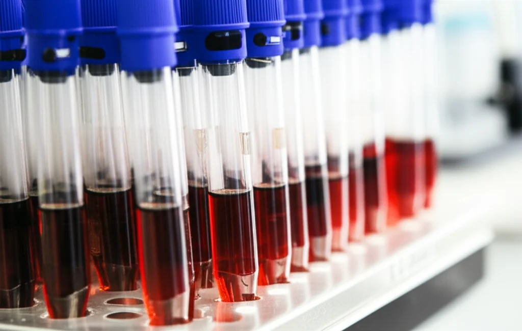 Primo piano di provette di sangue canino in una centrifuga da laboratorio, con focus sulle diverse frazioni separate. Macro lens, 100mm, high detail, precise focusing, controlled lighting.