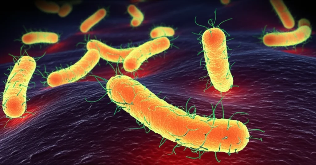 Microscopic view, high detail, una rappresentazione stilizzata di batteri orali dannosi che vengono bersagliati e neutralizzati da composti naturali, forse raffigurati come particelle luminose che interagiscono con le cellule batteriche. Sfondo scuro per far risaltare batteri e composti. Messa a fuoco precisa, controlled lighting.