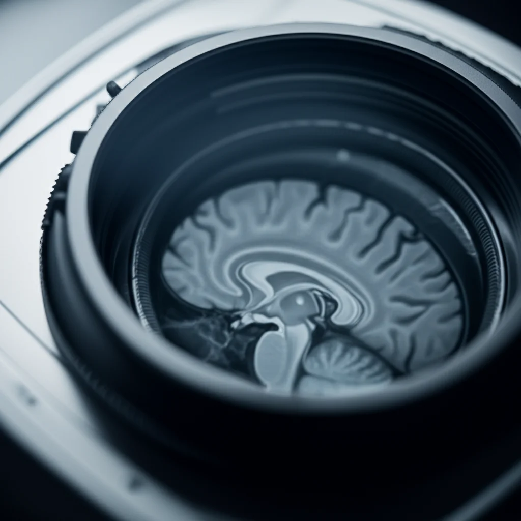 Visualizzazione di una procedura di neurochirurgia stereotassica o di una scansione cerebrale MRI ad alta risoluzione, con un focus sulla precisione tecnologica. Prime lens, 35mm, depth of field, magari con un leggero duotone blu e grigio per un'atmosfera clinica ma speranzosa.