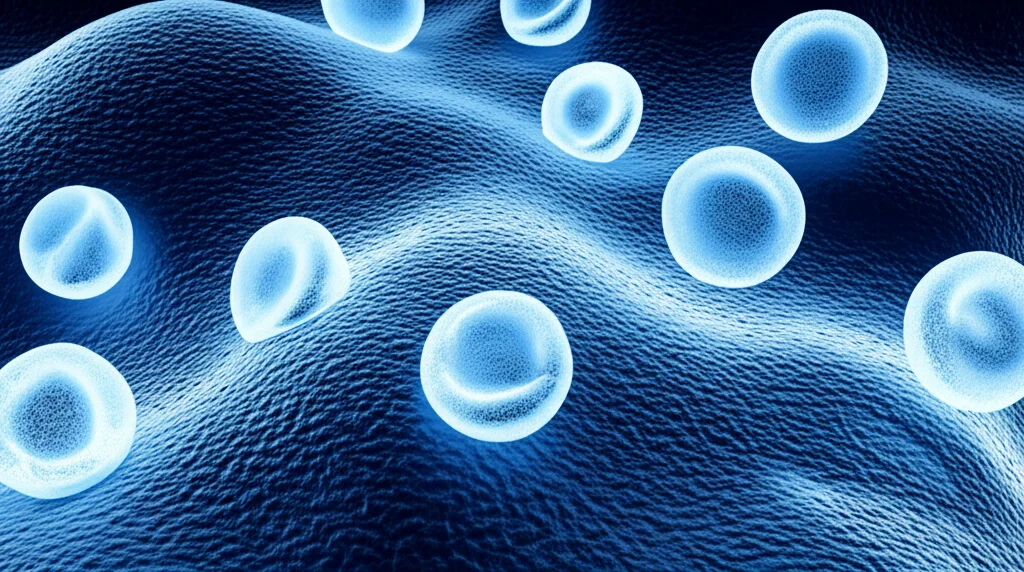 Visualizzazione stilizzata al microscopio di piastrine canine che rilasciano fattori di crescita, con un effetto di luce che emana dalle piastrine. Macro lens, 60mm, high detail, controlled lighting, duotone blu e giallo.