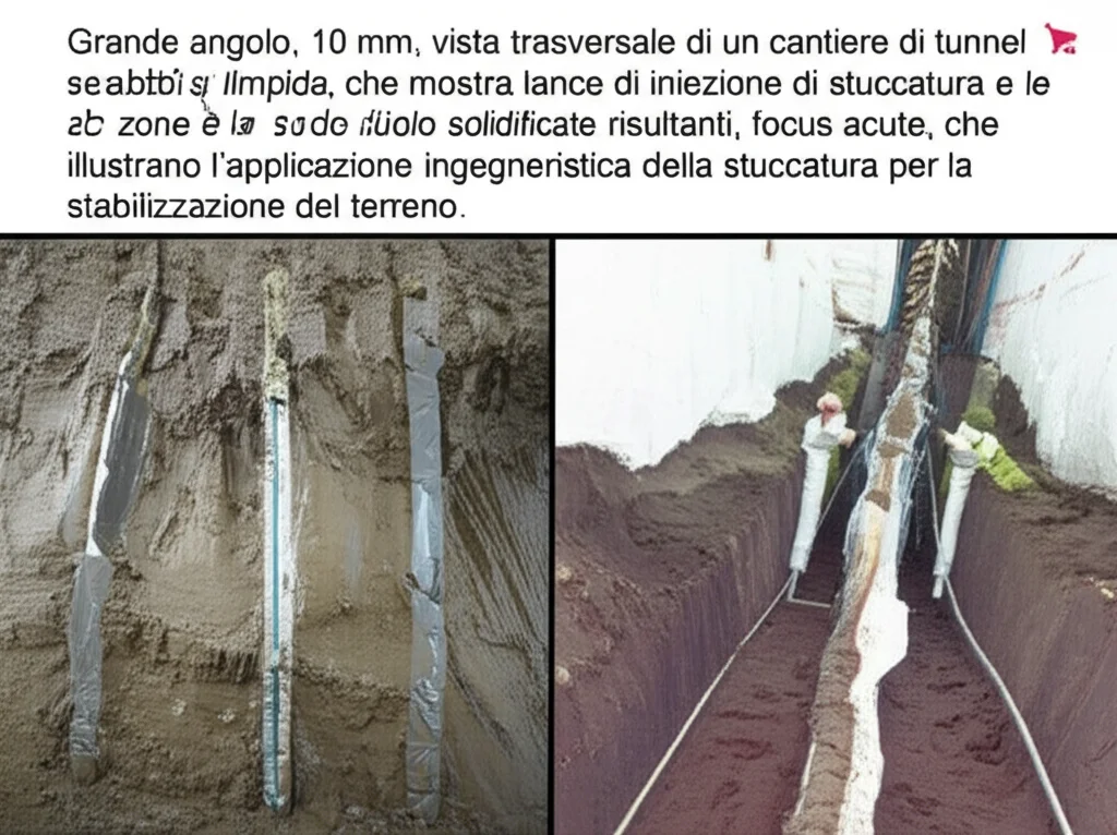 Grande angolo, 10 mm, vista trasversale di un cantiere di tunnel nella sabbia limpida, che mostra lance di iniezione di stuccatura e le zone del suolo solidificate risultanti, focus acute, che illustrano l'applicazione ingegneristica della stuccatura per la stabilizzazione del terreno.