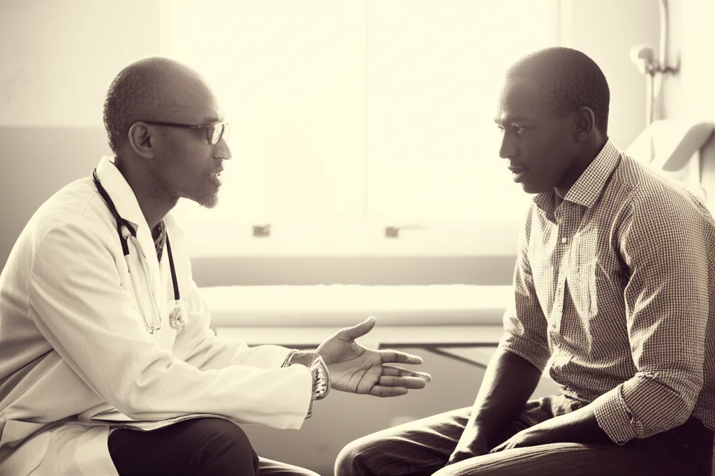 Un medico sorridente in un ambulatorio luminoso in Uganda discute con un paziente seduto di fronte a lui, entrambi sembrano a proprio agio. Lente prime da 35mm, luce naturale diffusa, duotone seppia e crema per un'atmosfera calda e accogliente.