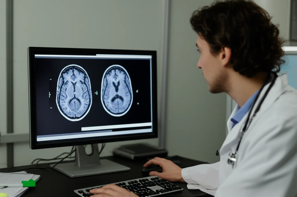 Wide-angle, 10-24mm, sharp focus, un medico analizza una risonanza magnetica cerebrale che mostra un infarto nel territorio dell'arteria cerebrale media su un monitor ad alta risoluzione in una stanza di radiologia scarsamente illuminata.
