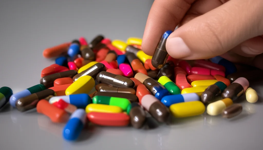 Primo piano di diverse pillole e capsule colorate sparse su una superficie pulita, con una singola mano che ne sceglie una. Lente macro da 100mm, alta definizione per i dettagli delle pillole, illuminazione da studio controllata per enfatizzare forme e colori.