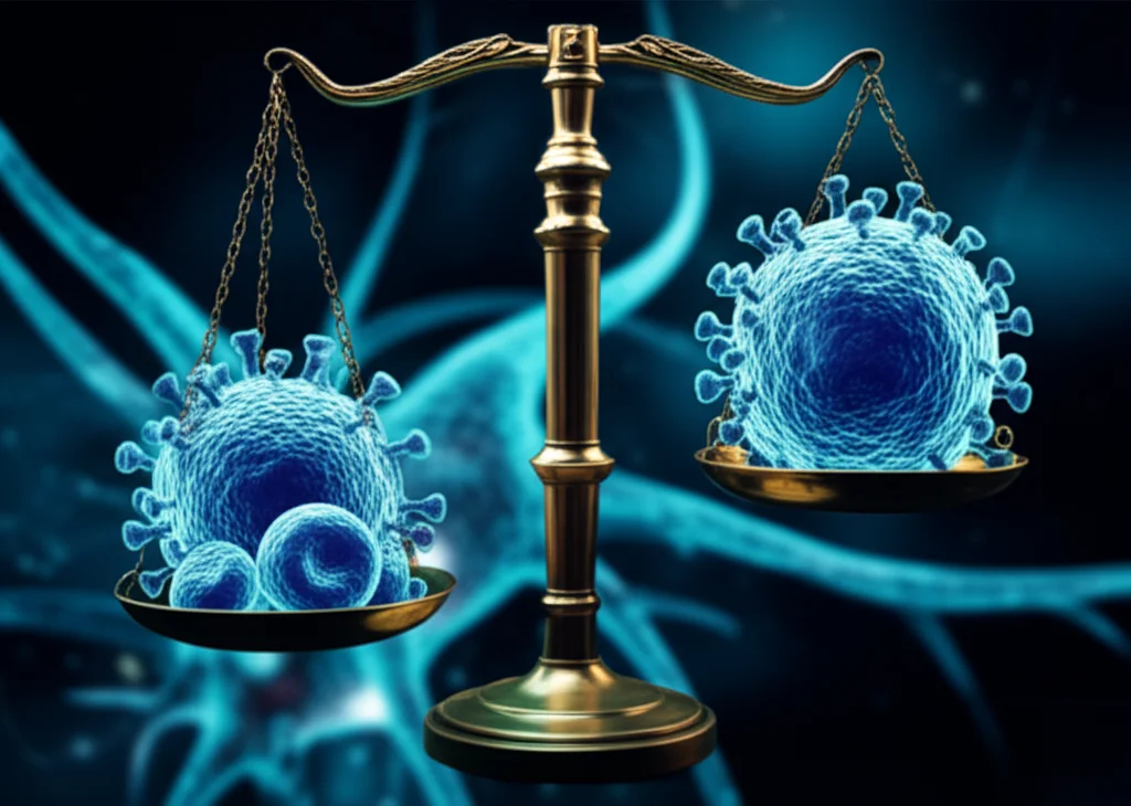 Fotografia concettuale del sistema immunitario umano rappresentato come una bilancia delicata, con cellule T da un lato e il virus JC (JCV) dall'altro, ambientazione astratta con sfondo neurale sfocato, obiettivo 50mm, profondità di campo.