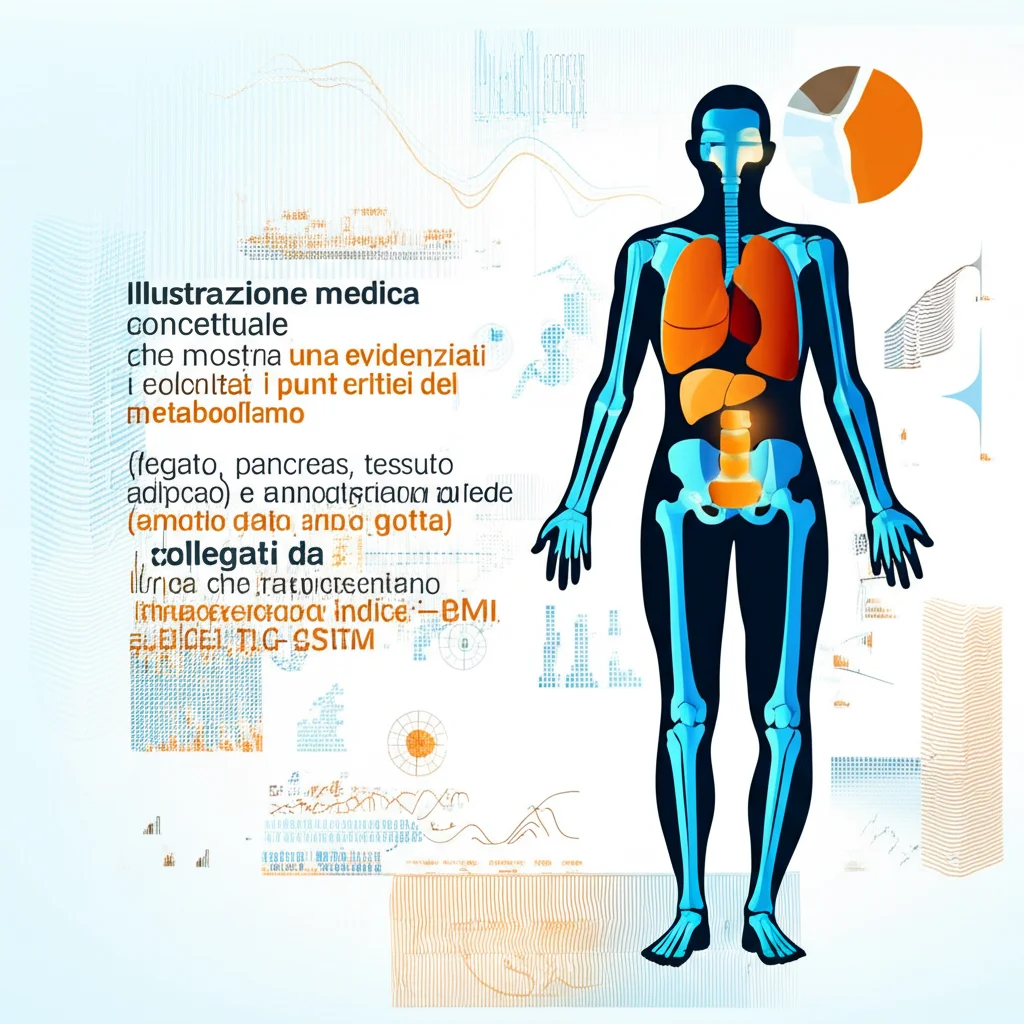 Illustrazione medica concettuale che mostra una figura umana stilizzata con evidenziati i punti critici del metabolismo (fegato, pancreas, tessuto adiposo) e un'articolazione del piede infiammata (simbolo della gotta), collegati da linee che rappresentano l'indice TyG-BMI, sfondo astratto con grafici e formule, colori blu e arancione duotone, per rappresentare la connessione tra metabolismo e gotta.