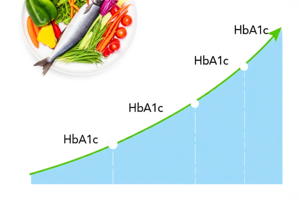Immagine composita che mostra simbolicamente la sinergia tra una dieta sana (verdure colorate, pesce su un piatto), aghi per agopuntura disposti artisticamente e un grafico stilizzato che mostra una linea in salita per il benessere mentale e una in discesa per i livelli di HbA1c. Stile pulito, moderno e positivo.